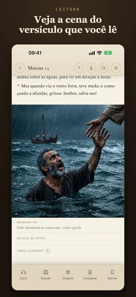 Veja a cena do versículo que você lê: a prancha de Pedro afundando, em Mateus 14.