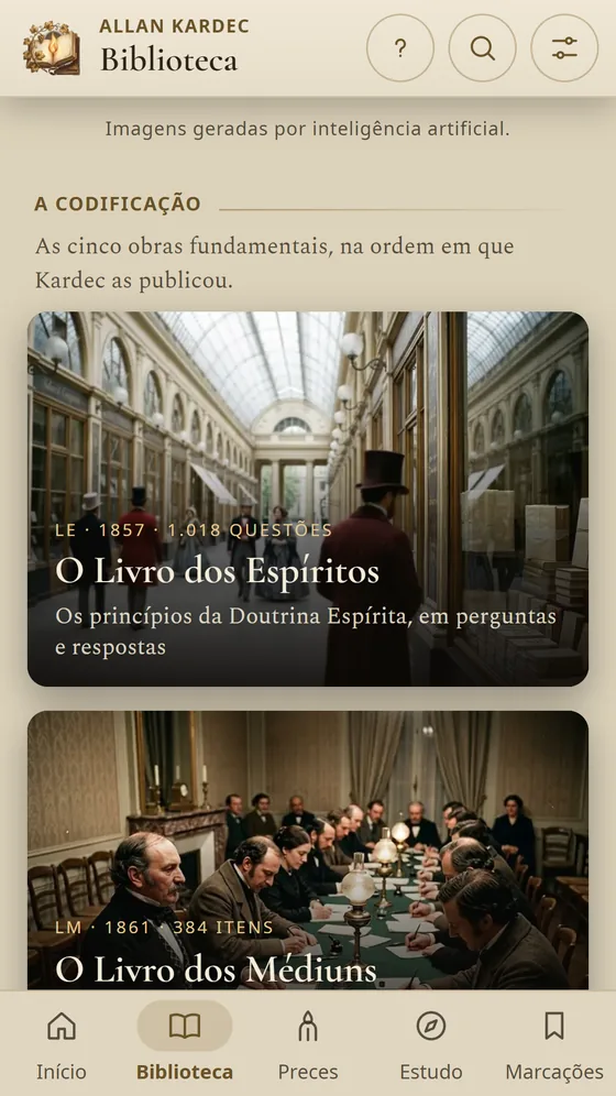 A biblioteca do Rivail com O Livro dos Espíritos e O Livro dos Médiuns.