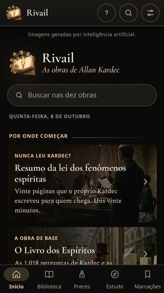 A tela inicial do Rivail no tema escuro, com por onde começar a leitura.