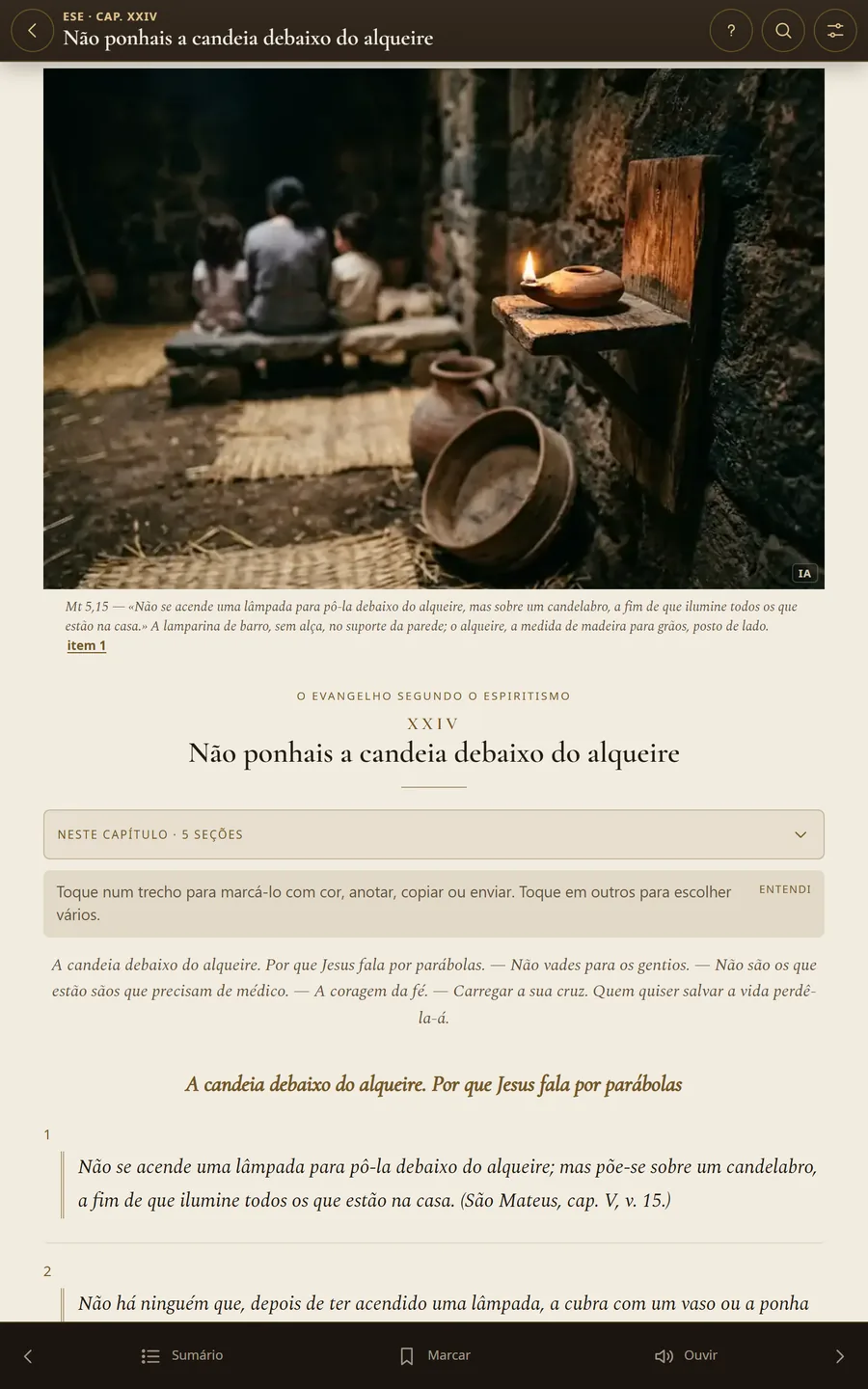 O Rivail no iPad, com a leitura de O Livro dos Espíritos em tela grande.