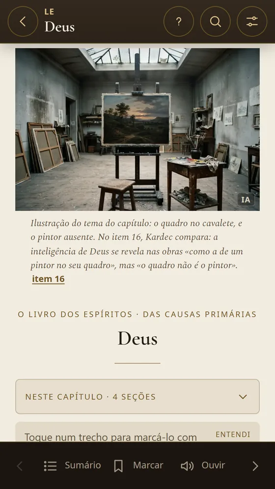 Capítulo sobre Deus com a cena de um ateliê de pintor e a legenda que a explica.