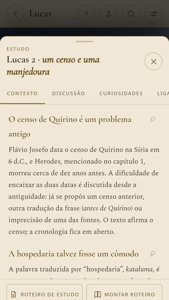Estudo de Lucas 2, com o contexto do censo de Quirino e as abas de discussão e curiosidades.
