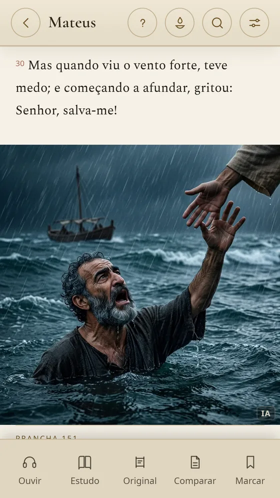 Mateus 14 com a prancha de Pedro afundando na tempestade, no alto da leitura.