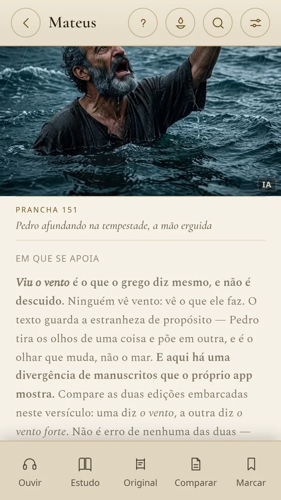 Prancha de Pedro afundando na tempestade, no Siloé, com a nota que diz em que ela se apoia.