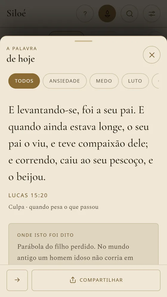 A Palavra de hoje, Lucas 15:20, com os temas ansiedade, medo e luto.