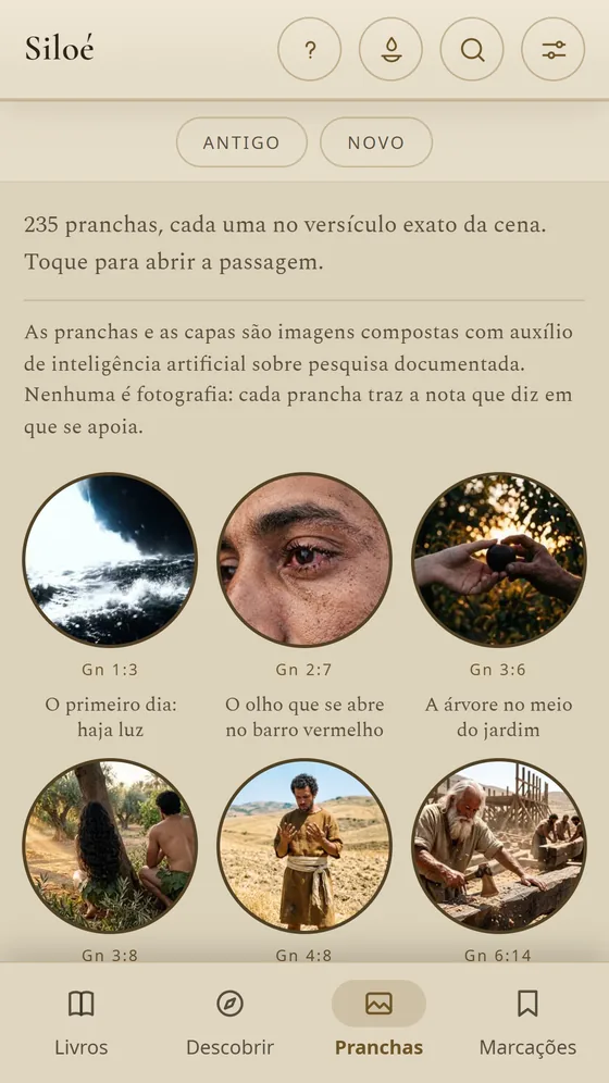Galeria das pranchas do Siloé, com as cenas de Gênesis em círculos.
