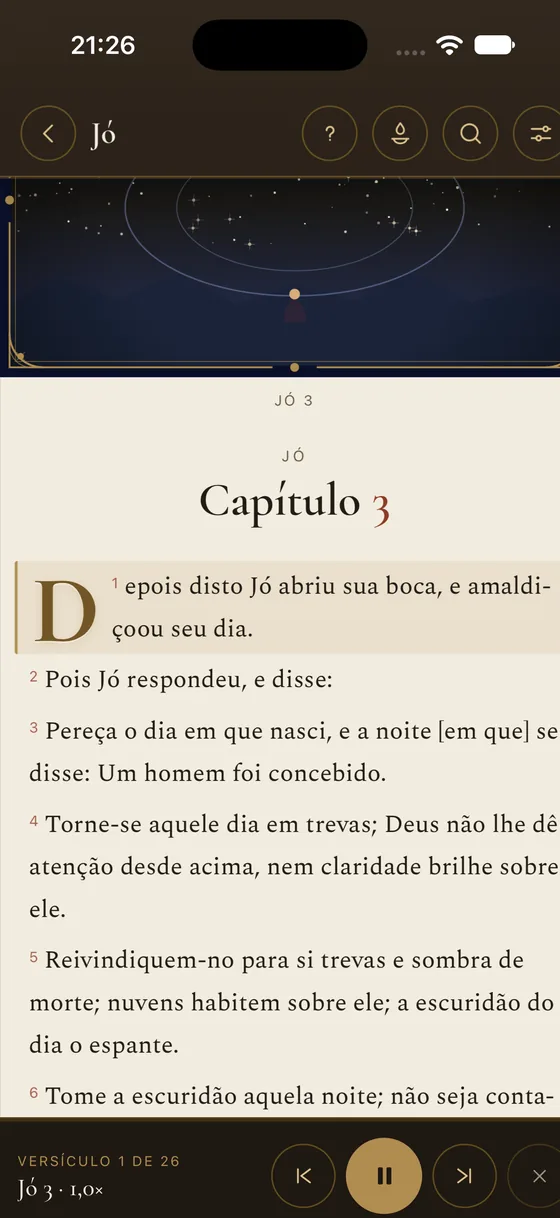 Leitura em voz alta de Jó 3, com o versículo em destaque e os controles de áudio.